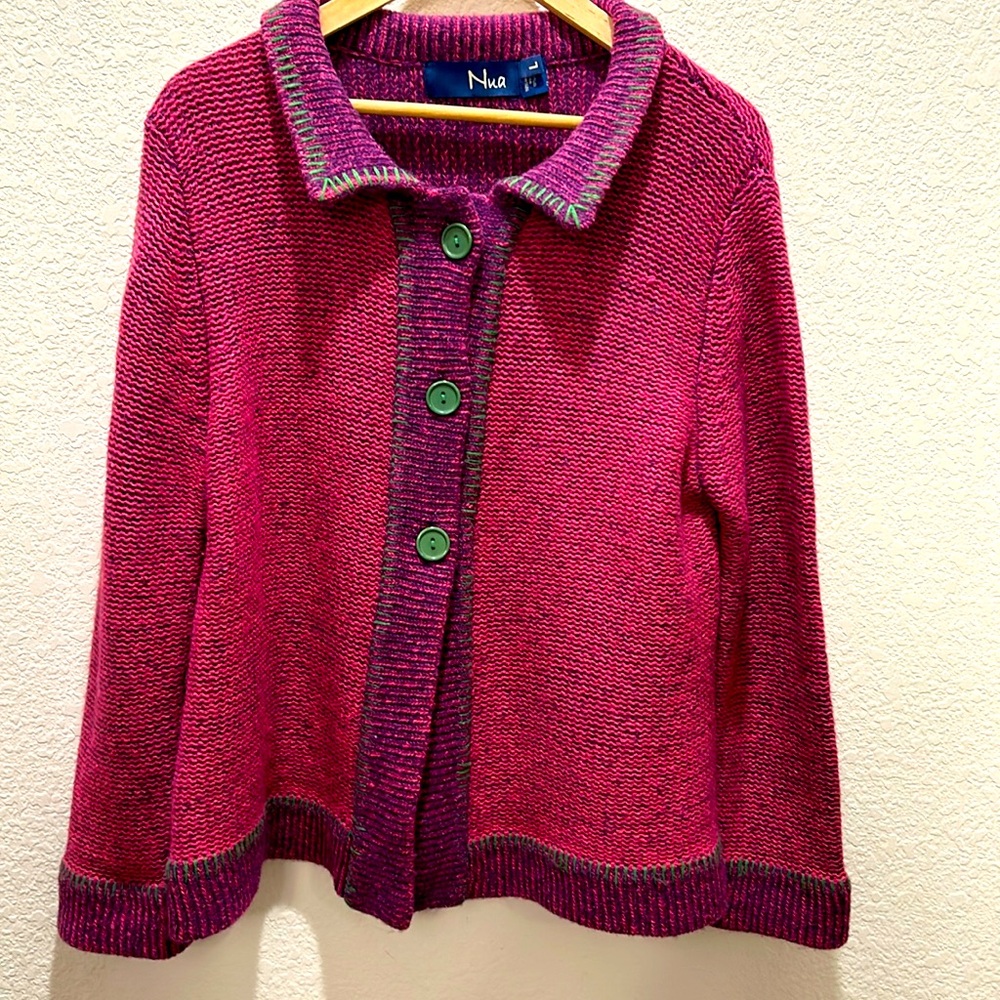 Nua Merino Wool & Silk pink and purple green, Buttoned Cardigan